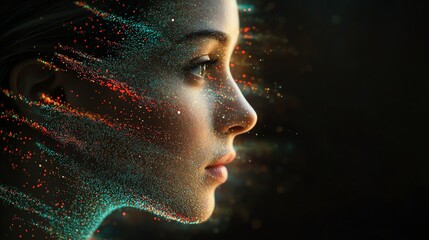 Aufkleber - Close-up profile of a woman's face with colorful particles flowing through it.