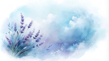 Wall Mural - Watercolor Illustration of Lavender Blossoms Against a Soft Blue and White Sky