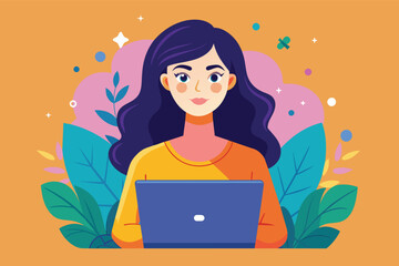 Poster - Woman Using Laptop With Plants in Background Illustration