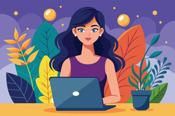 Poster - Woman Working on Laptop in a Colorful, Floral Setting
