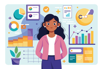 Poster - Woman Standing Confidently in Front of Data Charts and Graphs