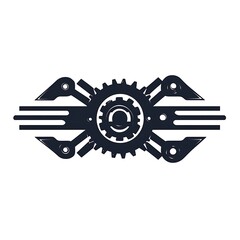 Poster - A stylized black and white illustration of a gear with two arms and a horizontal line.