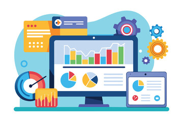 Poster - Colorful Digital Data Analytics Dashboard Displaying Charts and Graphs on Computer Monitor and Tablet