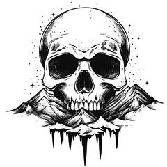 Leinwandbilder - A black and white illustration of a skull with a mountain range behind it and stars in the background.