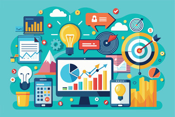 Poster - Modern Business Strategy Illustration With Charts, Graphs, Light Bulbs, and Target Goals