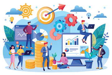 Poster - Business Team Analyzing Data and Growth Charts on Large Computer Screen