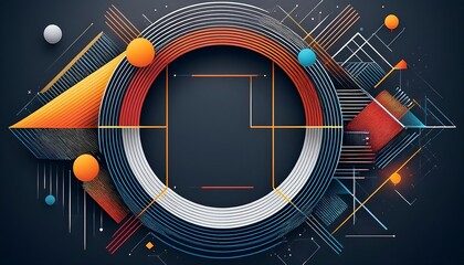 Poster - Abstract geometric shapes in a dark blue background with overlapping layers of different sizes and colors.