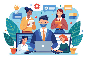 Poster - Smiling Businessman Leads Diverse Team In Modern Office Setting