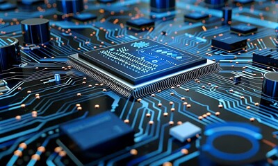 Poster - 
Digital blue circuit board background with computer code and technology symbols, including the icon of a file or document in white color on dark black.
