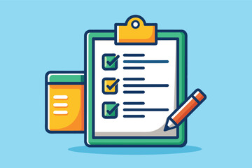 Poster - Green Clipboard With Checklist And Pencil On Blue Background