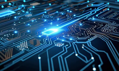 Poster - 
Digital blue circuit board background with computer code and technology symbols, including the icon of a file or document in white color on dark black.