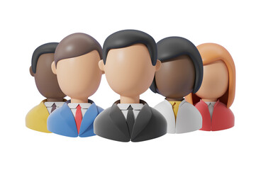 Poster - Five diverse, stylized character icons in professional attire on a white background, representing teamwork and diversity. 3D Rendering