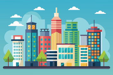 Poster - Colorful Flat Style City Skyline Illustration With Tall Buildings and Clouds