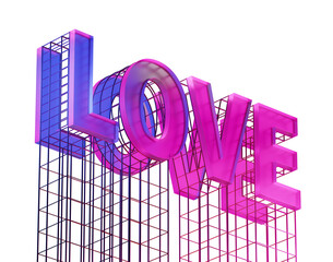 Poster - 3D wireframe structure forming the word LOVE in vibrant pink and blue on a white background. Concept of love and creativity. 3D Rendering