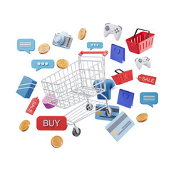 Poster - 3D rendering of shopping cart with online shopping icons—credit cards, coins, chat, and sale tags on white background. Concept of e-commerce