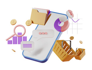 Poster - Smartphone with shopping carts, charts, and icons on white background. Concept of online shopping and tech trends. 3D Rendering