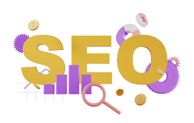 Poster - 3D SEO letters in yellow with magnifying glass, gears, and coins on white background. Business and marketing concept. 3D Rendering