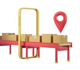 Poster - Conveyor with brown boxes and red location pin on white background, representing shipping and logistics concept. 3D Rendering