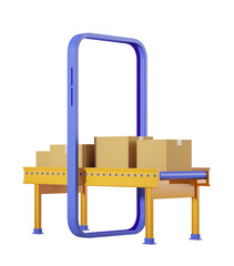 Poster - Conveyor belt with cardboard boxes and a large smartphone frame, isolated on a white background. Concept of logistics and technology. 3D Rendering
