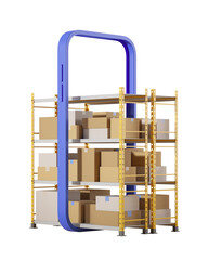 Poster - Warehouse shelves filled with boxes, featuring a blue smartphone frame, isolated on a white background. Concept of online shopping. 3D Rendering