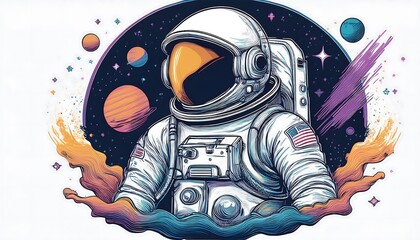 Poster - A stylized illustration of an astronaut in space with colorful planets and stars.