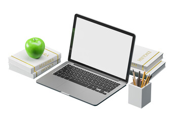 Poster - laptop with blank screen, books, green apple, and pencil holder on white background. concept of stud