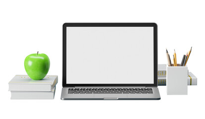 Poster - Laptop with blank screen surrounded by books, green apple, and pencils on white background. Concept of workspace and productivity. 3D Rendering