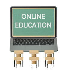 Poster - Laptop displaying Online Education with school desks in front, isolated on a white background. Concept of digital learning. 3D Rendering