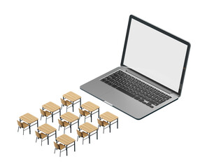 Poster - laptop with blank screen and miniature classroom desks on white background. concept of online educat