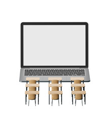 Poster - laptop with a blank screen and classroom desks in front on a white background. concept of online edu