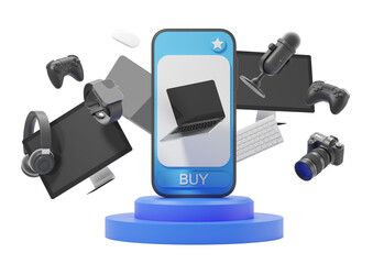 Poster - Digital shopping scene with gadgets around a smartphone on a white background. 3D rendering. Concept of online shopping and technology