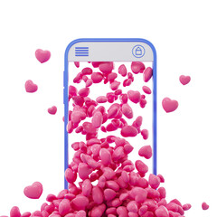Poster - Pink hearts pouring out of a blue smartphone on white background, representing social media love and communication. 3D Rendering