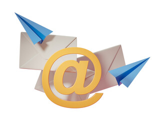 Poster - Yellow at symbol with envelopes and paper planes, isolated on a white background. Concept of communication and email. 3D Rendering