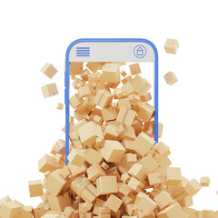 Poster - Cardboard boxes pouring out of a smartphone screen, isolated on a white background. Concept of online shopping and delivery. 3D Rendering