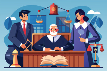Poster - Male and Female Attorneys Presenting Case to Judge in Courtroom