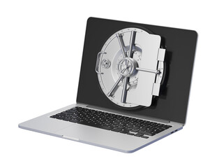 Poster - Laptop with safe door opened on screen, isolated on white background, concept of digital security and protection. 3D Rendering