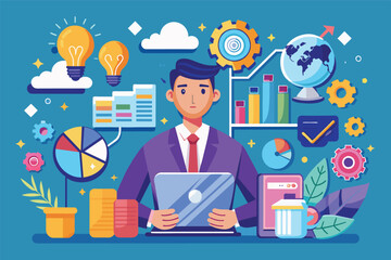 Poster - Businessman Working on Laptop With Data Analytics Charts and Ideas