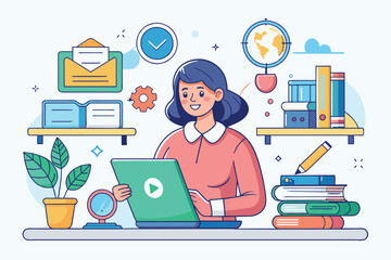 Poster - Happy Woman Studying Online With Laptop and Books