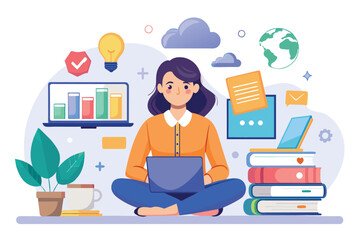 Poster - Woman Working on Laptop at Home Office With Books and Cloud