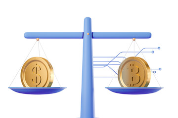 Poster - 3D rendering of a balance scale with dollar and Bitcoin coins on a white background, illustrating financial comparison concept. 3D Rendering