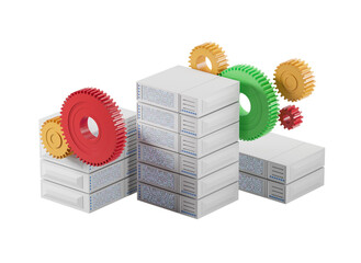Poster - Multiple server racks with colorful gears on a white background. Concept of technology and network infrastructure. 3D Rendering