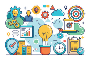Poster - Creative Business Strategy Illustration With Light Bulb, Clock, and Target