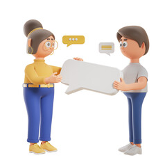 Leinwandbilder - Two cartoon characters holding a large speech bubble. Isolated on a white background. Concept of communication and dialogue. 3D Rendering