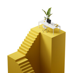 Poster - Workspace setup on a yellow platform with stairs, featuring a desk, chair, and plant. Isolated on a white background. Concept of creativity. 3D Rendering