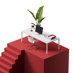 Poster - Minimalist office setup on a red platform with a white background, featuring a desk, chair, and plant. Concept of modern workspace. 3D Rendering