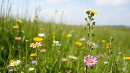 Vibrant green grass meadow with wildflowers under a clear blue sky, clear sky, serene