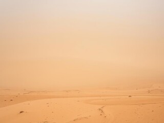 Wide angle landscape of a desert wasteland during a dusty sandstorm, storm, desert landscape