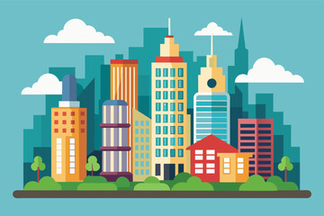 Poster - Colorful Cityscape With Buildings and Clouds on a Sunny Day