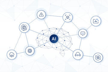 Fototapete - AI technology concept with AI brain neural network background. editable stroke icons vector illustration