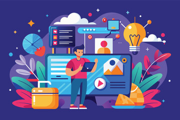 Poster - Man Using Tablet In Front Of Computer With Ideas For Website Design
